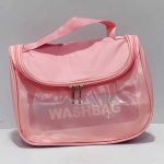 کیف واش بگ صورتی صندوقی با دسته حمل و پنجره شفاف نیمه‌مات با نوشته WASHBAG