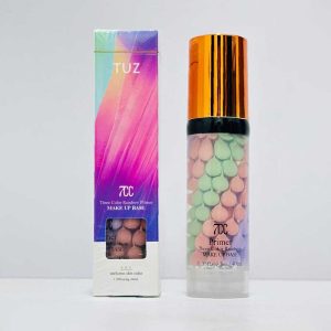 نمای بسته پرایمر سه رنگ TUZ در بطری پمپی با درب طلایی و جعبه مقوایی رنگین‌کمانی
