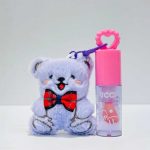 برق لب عروسکی طرح خرس یاسی بنفش با مایع شاین و گیره قلبی آویزدار