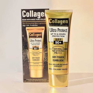 تیوپ طلایی و جعبه کرم ضد آفتاب کلاژن SPF 90 اولترا پروتکت ۸۰ میلی‌لیتر
